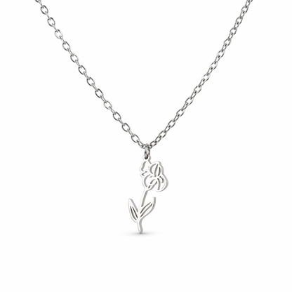 Ketting gemaakt van stainless steel met geboortebloem van februari: de iris