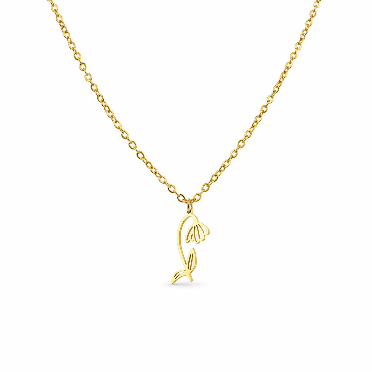 Ketting van goldplated stainless steel met geboortebloem van januari: het sneeuwklokje
