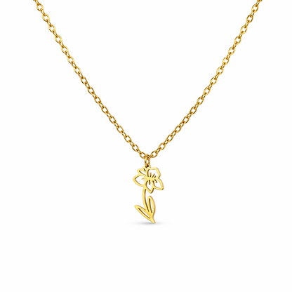 Ketting van goldplated stainless steel met geboortebloem van maart: de narcis