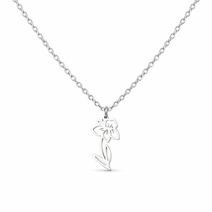 Ketting gemaakt van stainless steel met geboortebloem van maart: de narcis
