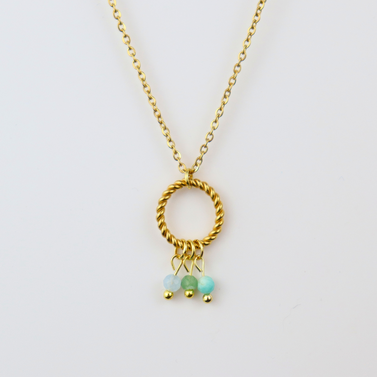 Ketting van goldplated stainless steel met aquamarijn, aventurijn en amazoniet