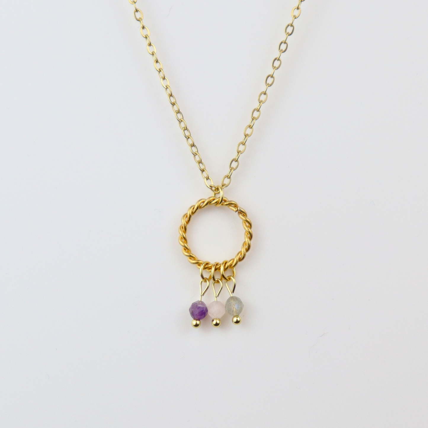 Ketting van goldplated stainless steel met labradoriet, amethist en rozenkwarts