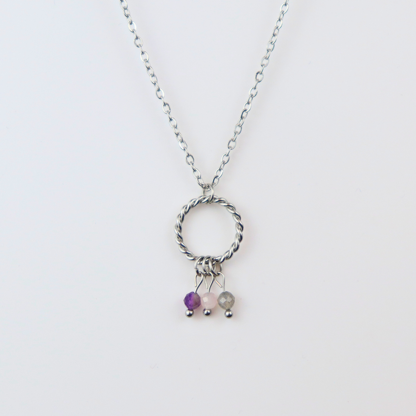 Ketting gemaakt van stainless steel met labradoriet, rozenkwarts en amethist
