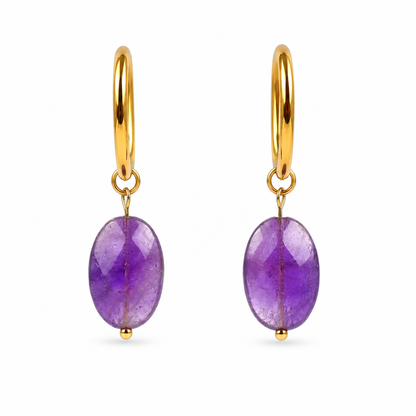 Oorbellen van goldplated stainless steel met facetgeslepen ovalen amethist hanger