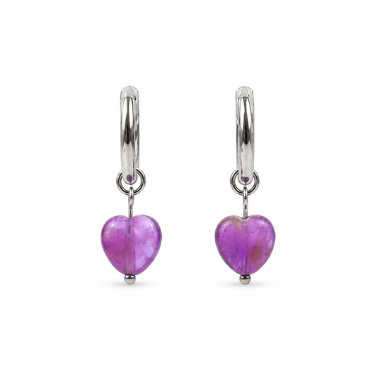 Oorbellen gemaakt van stainless steel met hartvormige amethist hanger