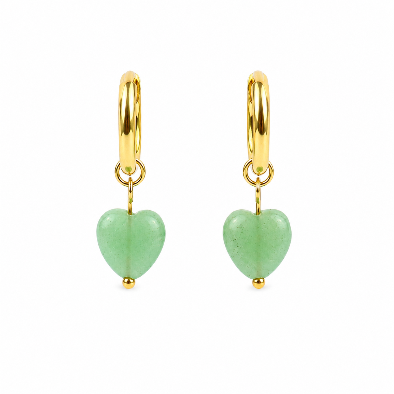 Oorbellen van goldplated stainless steel met hartvormige aventurijn hanger