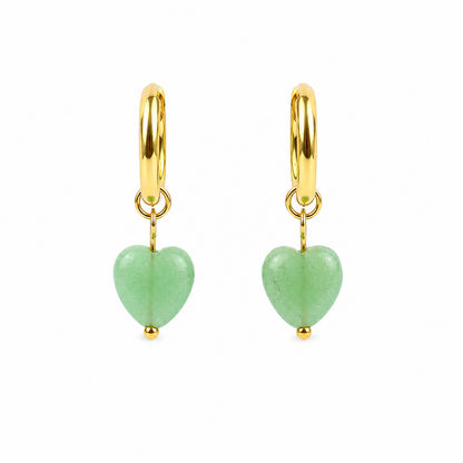 Oorbellen van goldplated stainless steel met hartvormige aventurijn hanger