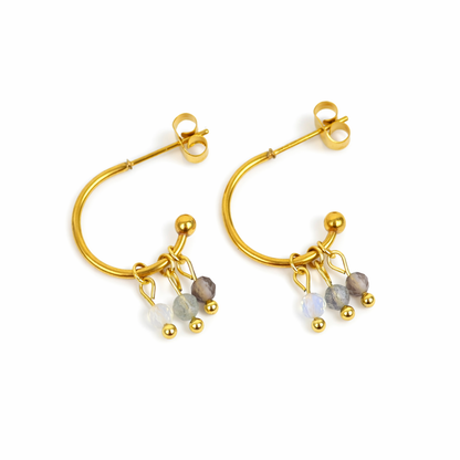 Oorbellen van goldplated stainless steel met facetgeslepen opaliet, labradoriet en rookkwarts