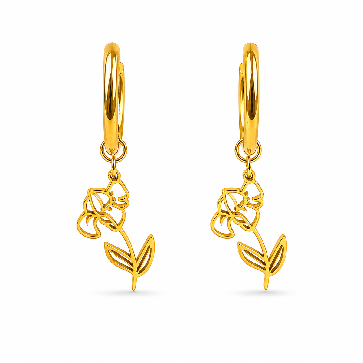Oorbellen van goldplated stainless steel met geboortebloem van februari: de iris