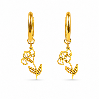 Oorbellen van goldplated stainless steel met geboortebloem van februari: de iris