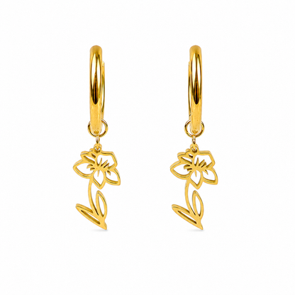 Oorbellen van goldplated stainless steel met geboortebloem van maart: de narcis