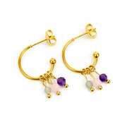 Oorbellen van goldplated stainless steel met facetgeslepen rozenkwarts, amethist en labradoriet