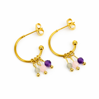 Oorbellen van goldplated stainless steel met facetgeslepen rozenkwarts, amethist en labradoriet