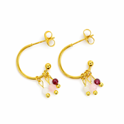 Oorbellen van goldplated stainless steel met facetgeslepen rozenkwarts, maansteen en granaat