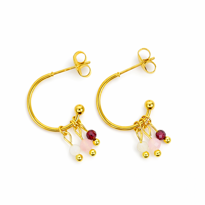 Oorbellen van goldplated stainless steel met facetgeslepen rozenkwarts, maansteen en granaat