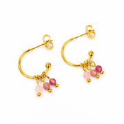 Oorbellen van goldplated stainless steel met facetgeslepen rozenkwarts, aardbeienkwarts en toermalijn