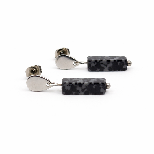 Silver snowflake obsidian earrings