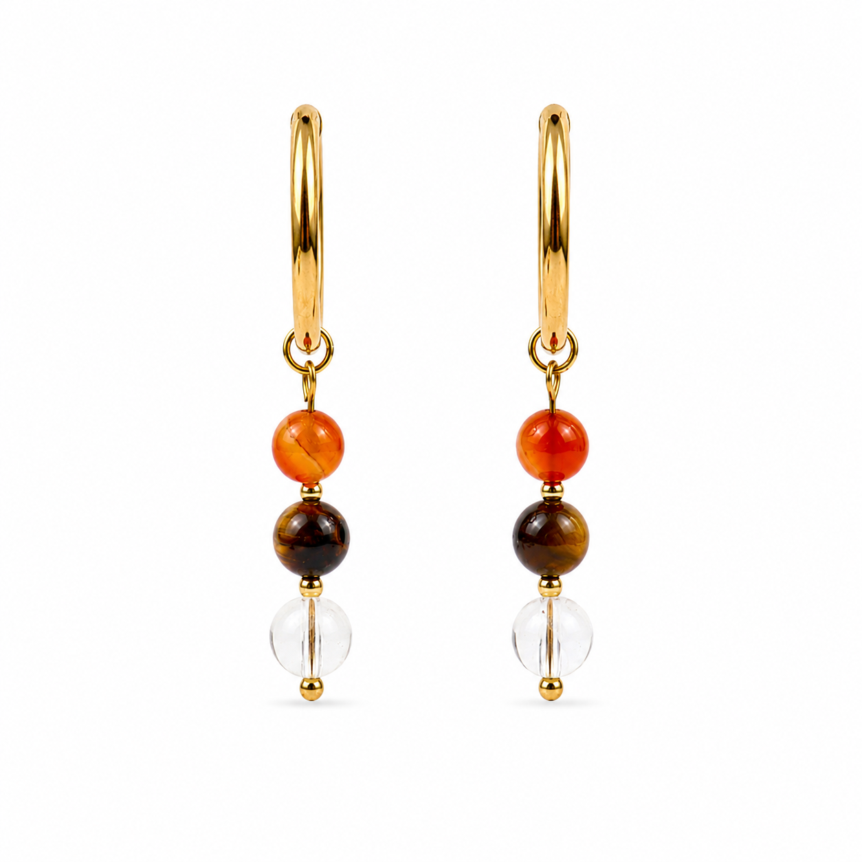 Oorbellen van goldplated stainless steel met de 3 edelstenen die passen bij sterrenbeeld leeuw: carneool, tijgeroog en bergkristal