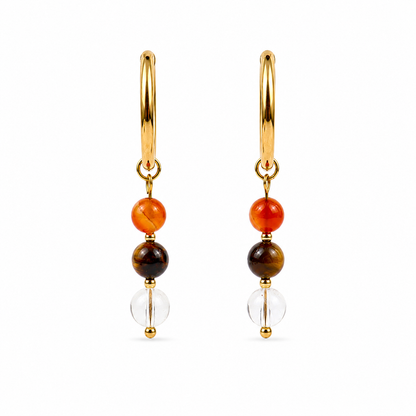 Oorbellen van goldplated stainless steel met de 3 edelstenen die passen bij sterrenbeeld leeuw: carneool, tijgeroog en bergkristal