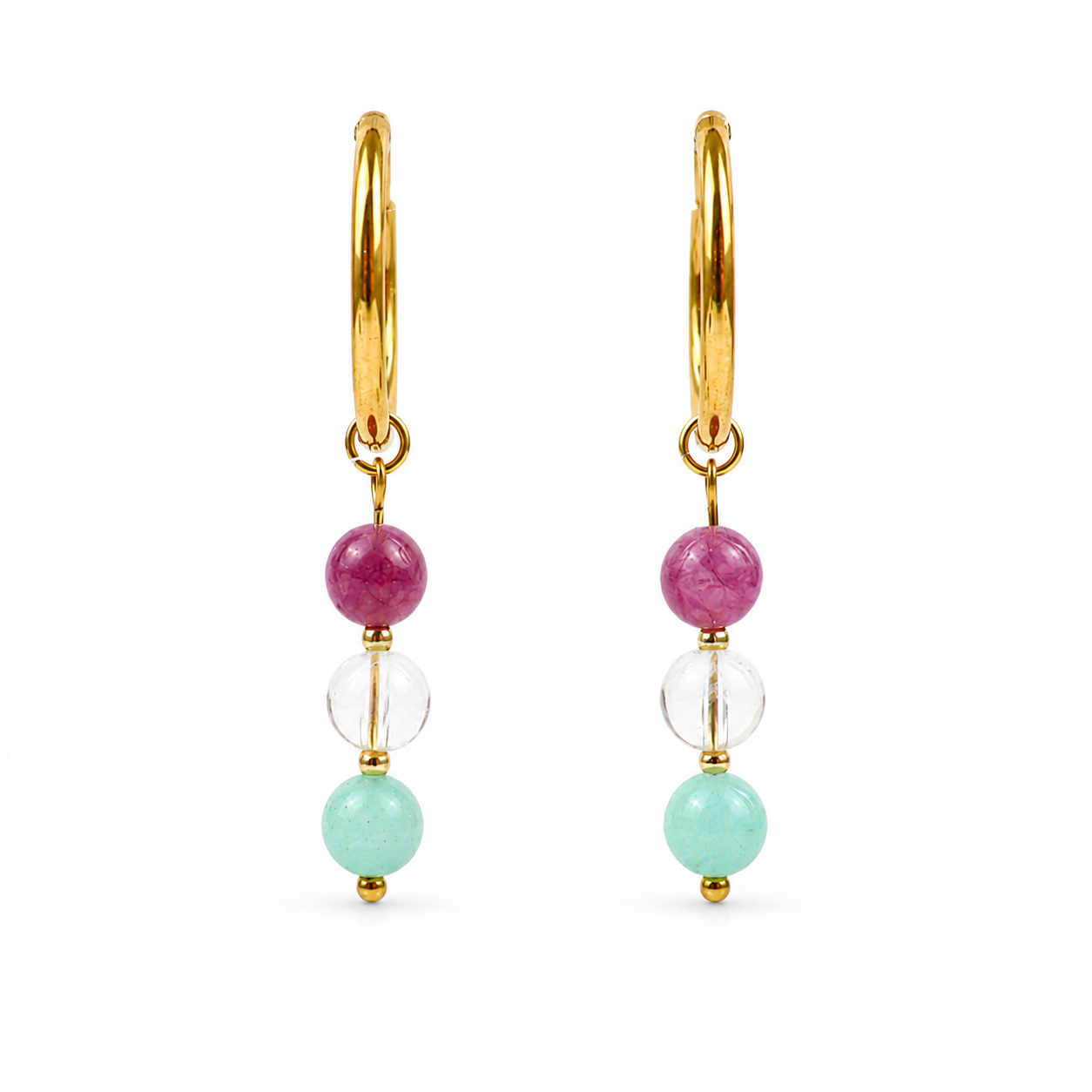 Oorbellen van goldplated stainless steel met de 3 edelstenen die passen bij het sterrenbeeld maagd: lepidoliet, bergkristal en amazoniet