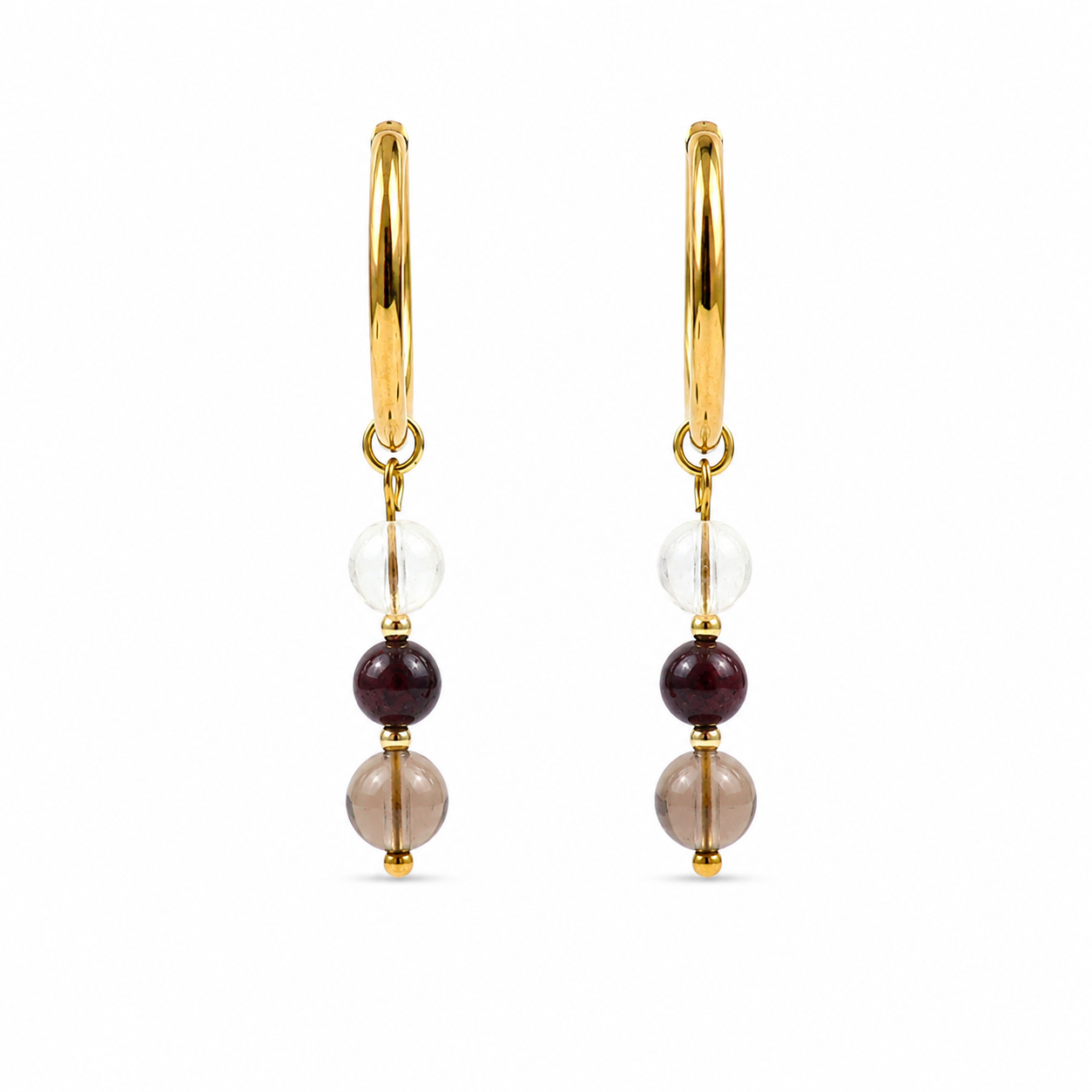 Oorbellen van goldplated stainless steel met de 3 edelstenen die passen bij het sterrenbeeld steenbok: bergkristal, granaat en rookkwarts