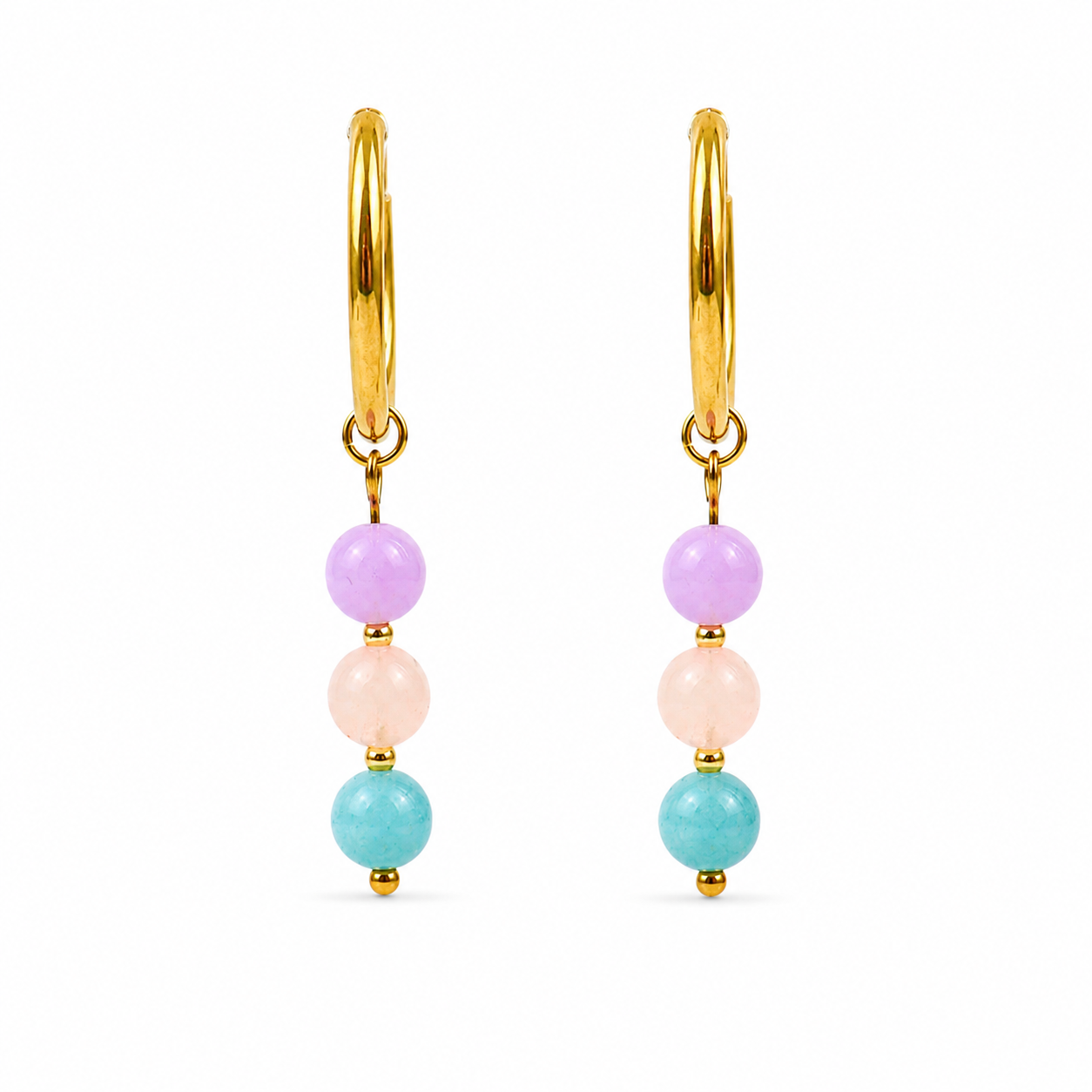 Oorbellen van goldplated stainless steel met de 3 edelstenen die passen bij het sterrenbeeld weegschaal: rozenkwarts, aquamarijn en lila jade