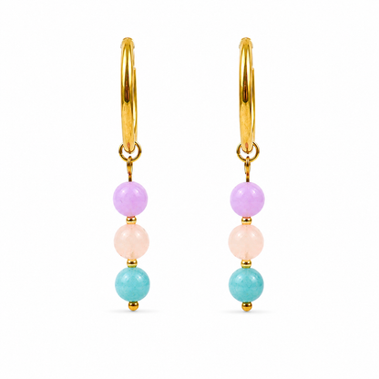 Oorbellen van goldplated stainless steel met de 3 edelstenen die passen bij het sterrenbeeld weegschaal: rozenkwarts, aquamarijn en lila jade