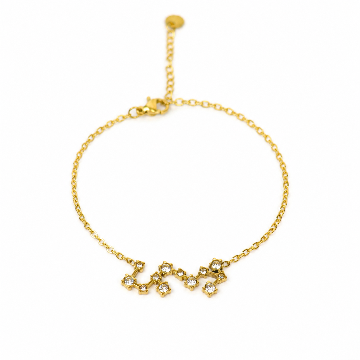 Armband van goldplated stainless steel met zirkonia steentjes in de vorm van het sterrenbeeld schorpioen