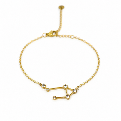 Armband van goldplated stainless steel met zirkonia steentjes in de vorm van het sterrenbeeld weegschaal