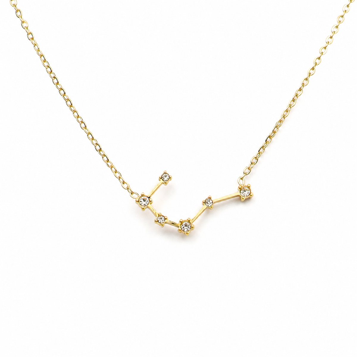 Ketting van goldplated stainless steel met zirkonia steentjes in de vorm van het sterrenbeeld stier
