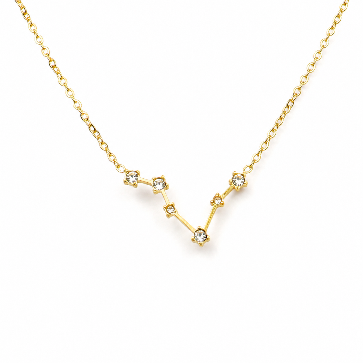 Ketting van goldplated stainless steel met zirkonia steentjes in de vorm van het sterrenbeeld vissen