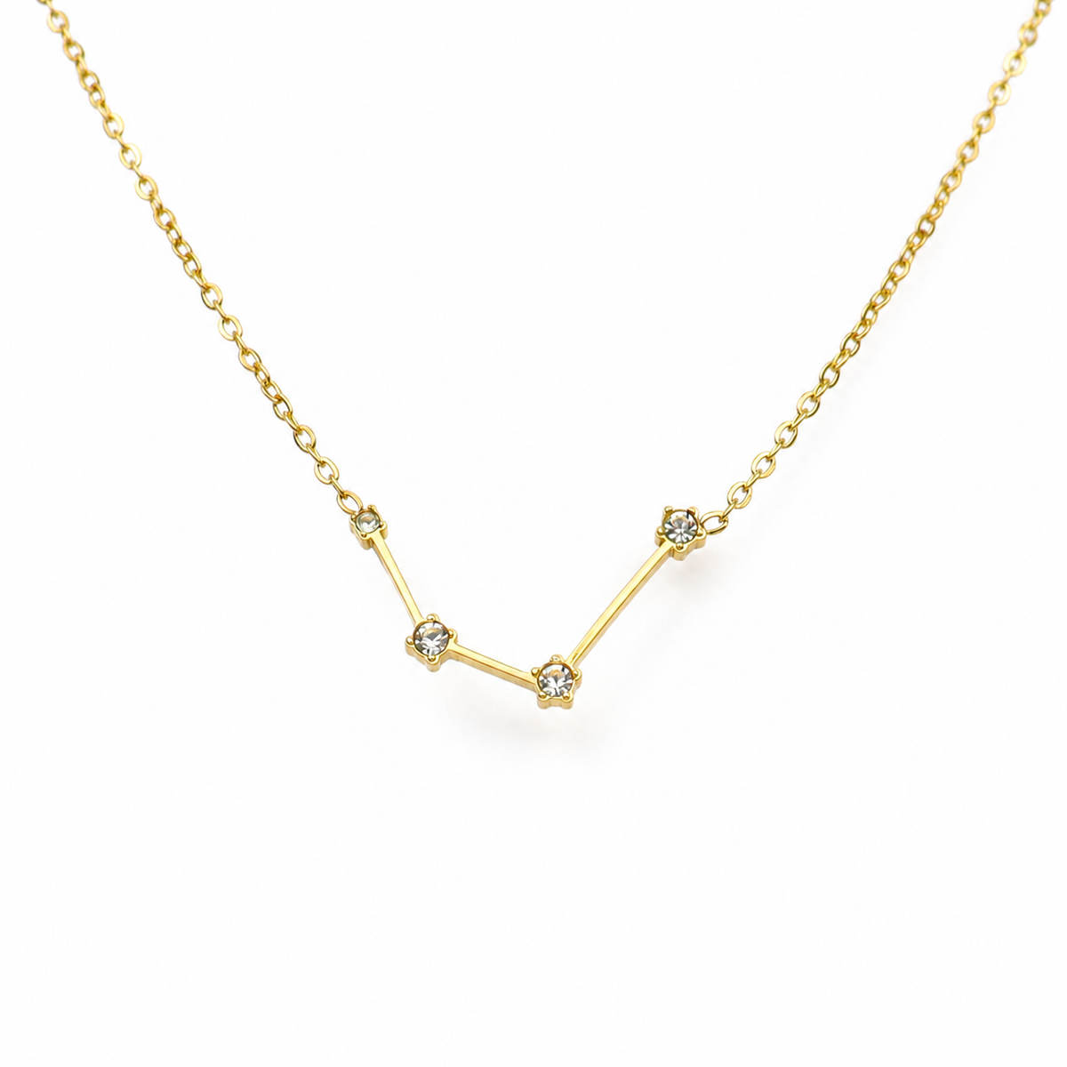 Ketting van goldplated stainless steel met zirkonia steentjes in de vorm van het sterrenbeeld waterman