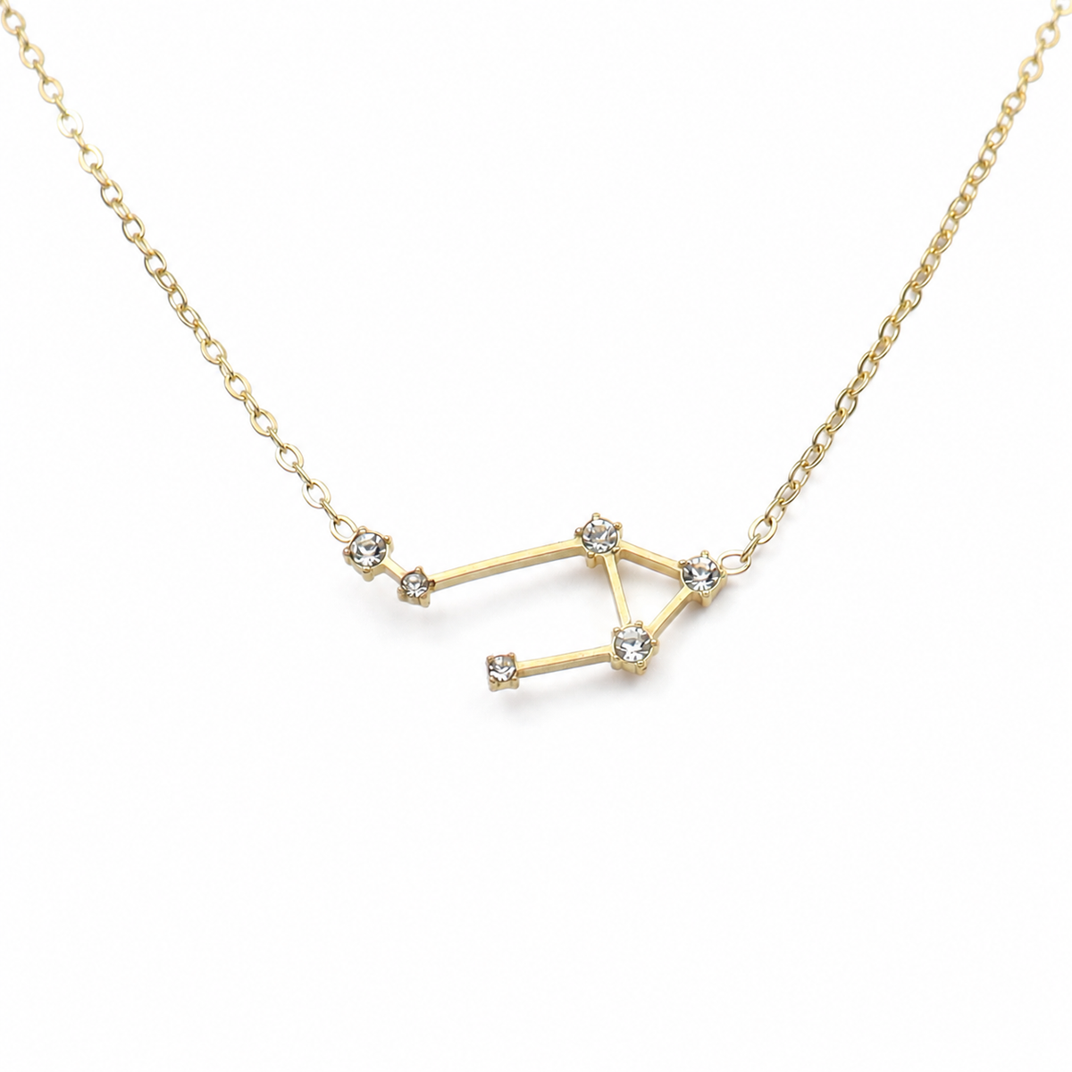 Ketting van goldplated stainless steel met zirkonia steentjes in de vorm van het sterrenbeeld weegschaal
